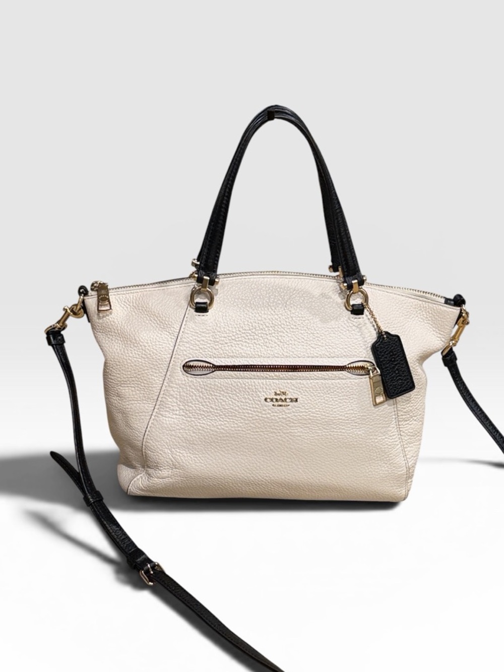Coach Small Prairie Satchel Pebble Leather Chalk Black Bag Crossbody - Picture 1 of 15